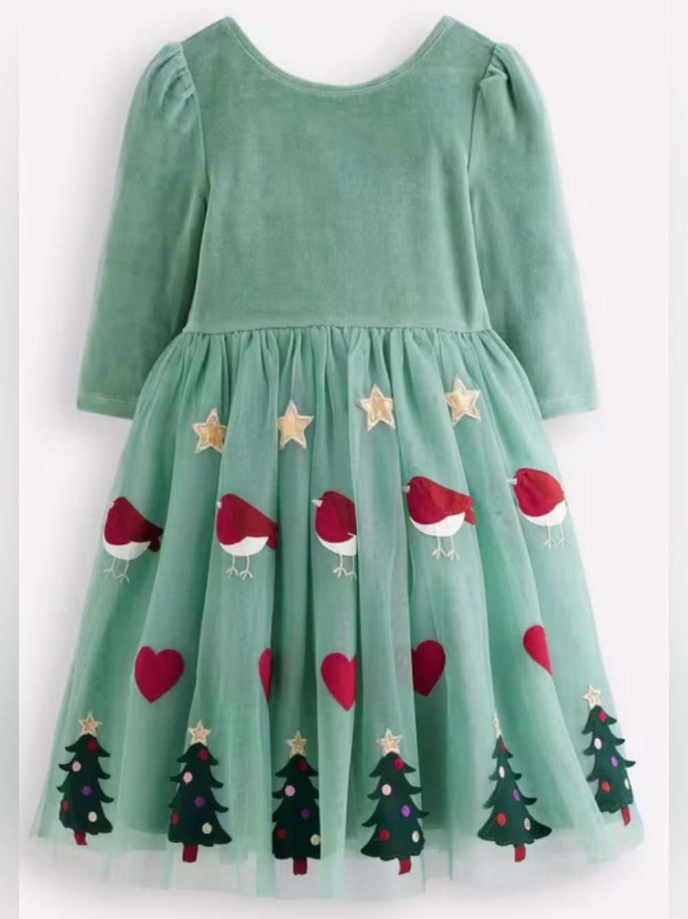 Boden Mint Green Holiday Tulle Dress with Robin & Tree Appliqués